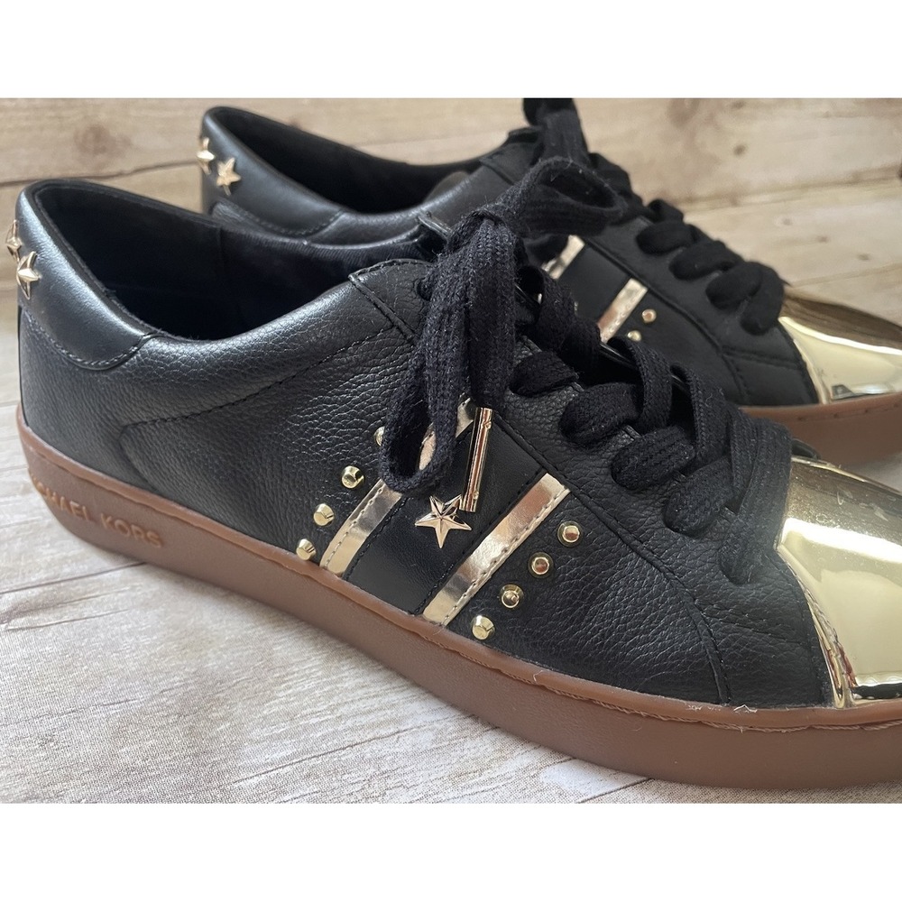 Michael Kors Frankie‎ Stripe Black Gold Leather Shoes Women Size 7 - Picture 2 of 7